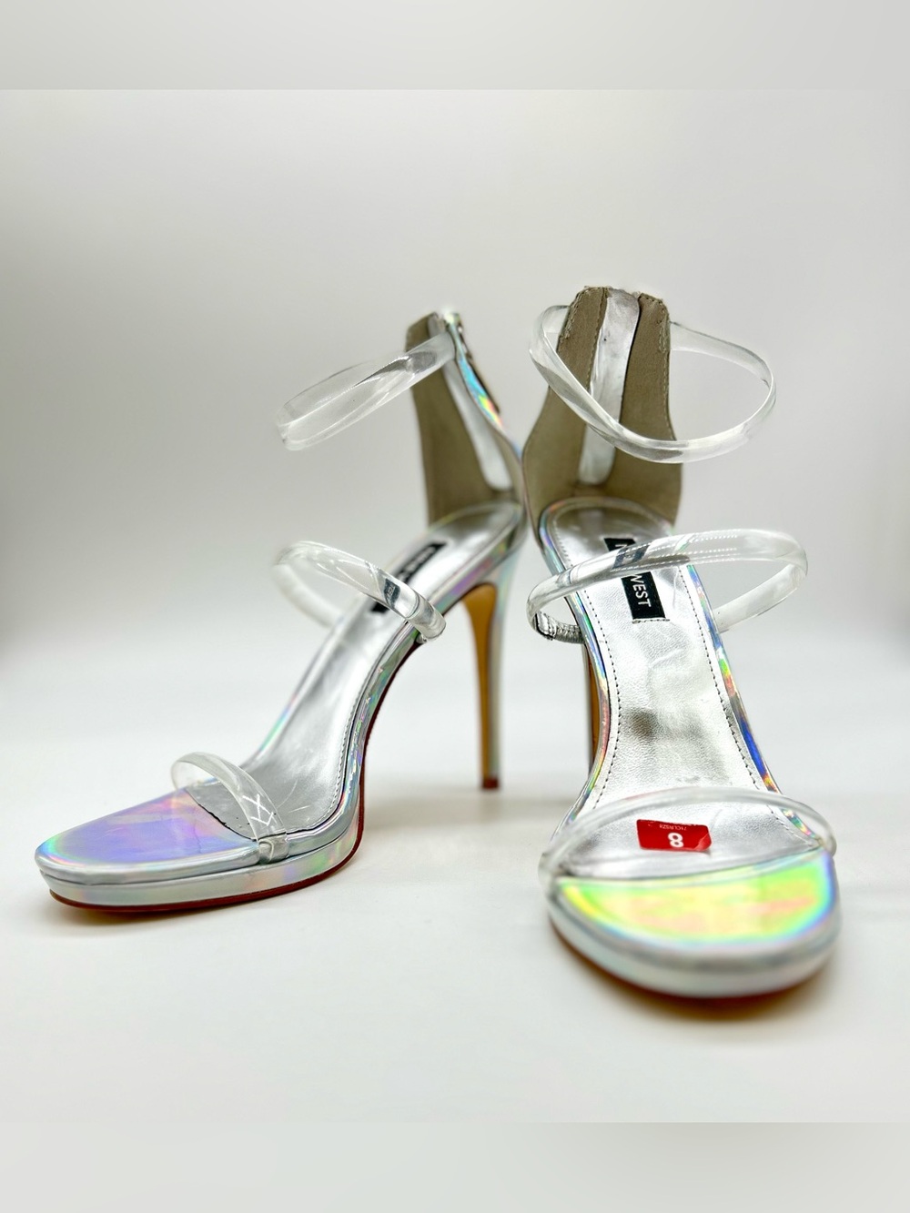 Nine West “Leah” Silver Iridescent Clear-Strap Stiletto Heels Size 8 NWT
